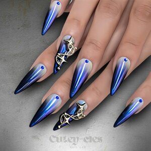 Celestial blue ombré stiletto press-on nails with rhinestone and star charm